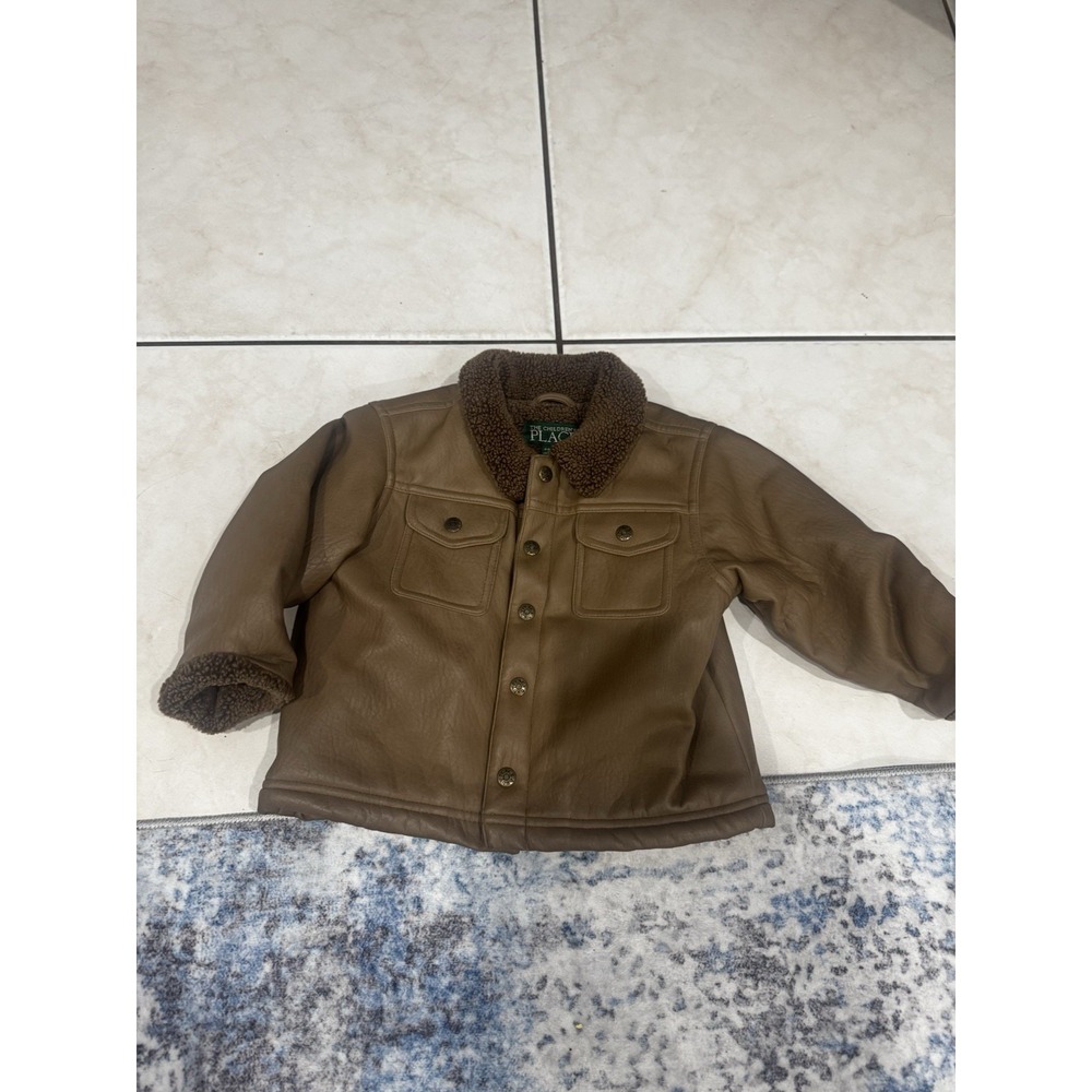 Vintage The Children's Place Brown Faux Leather Sherpa Jacket Baby Boy 24M Y2K